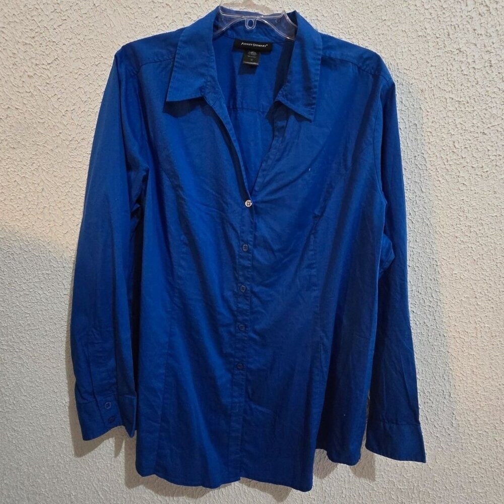Ashley Stewart Womens‎ Cobalt Blue Button Down Stretch Shirt Long Sleeve Size 18